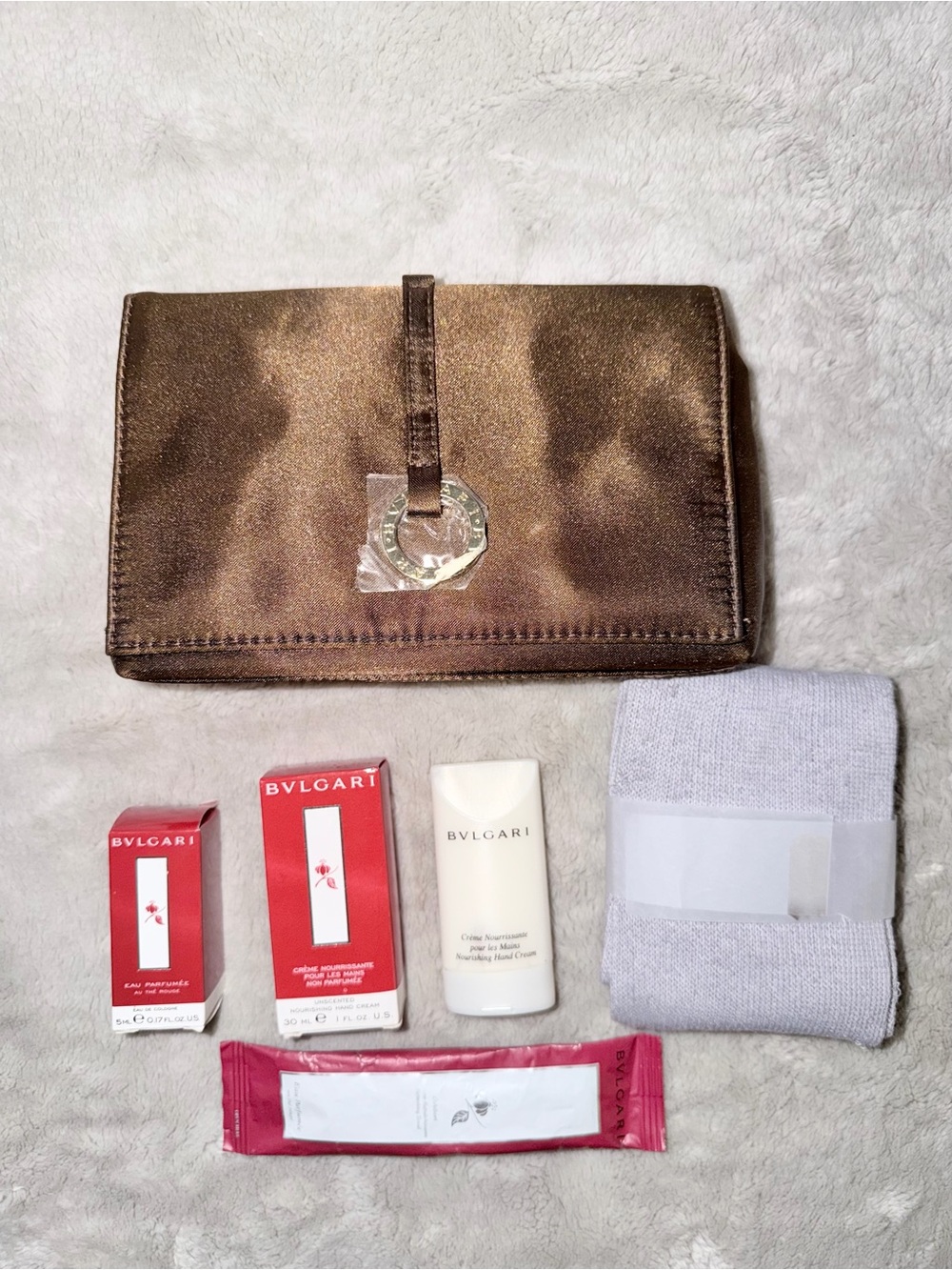 Bulgari Bronze Satin Travel Pouch with Skincare Emirates Airlines First Class